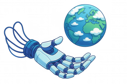 Robot hand protecting planet earth, artificial intelligence managing global environment future concept