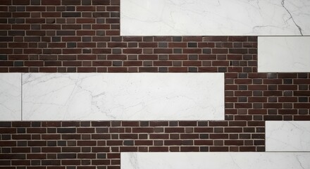 Modern architectural wall design featuring a captivating contrast between classic red brickwork and elegant white marble-patterned panels, creating a sophisticated and textured background