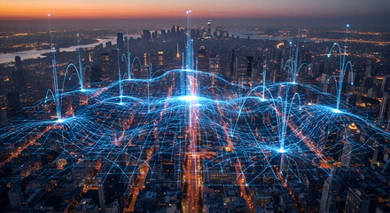 Dynamic city lights pulse with futuristic digital network connections at dusk