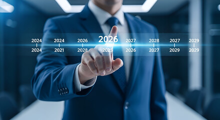 Businessman plans future strategy, touching timeline for upcoming business goals