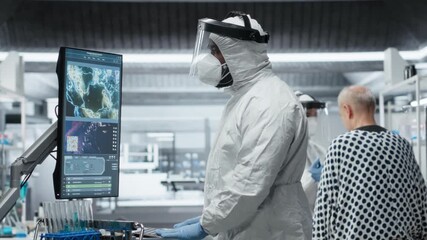 Medic in protective gear collecting data on infection spread, observing symptoms of patient in isolation and quarantine. Analyzing antibiotics and antiviral therapy for disease control. Camera B. - Powered by Adobe