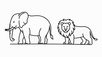 Obraz premium Majestic elephant and regal lion standing side-by-side in a simple line drawing