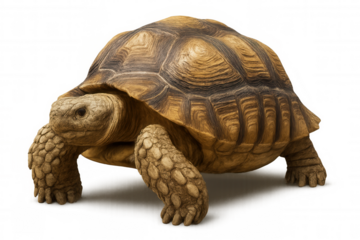 African spurred tortoise standing, looking forward, animal symbol of longevity and wisdom on a transparent background