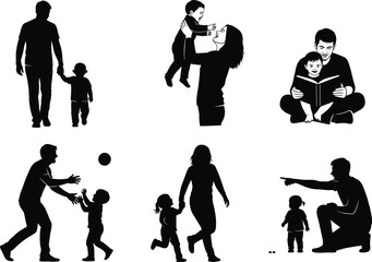 Parent and Child Silhouette Vector, Family Bonding Illustration, Playful Interaction, Reading Together, Walking Hand in Hand, Emotional Connection, Black Silhouettes