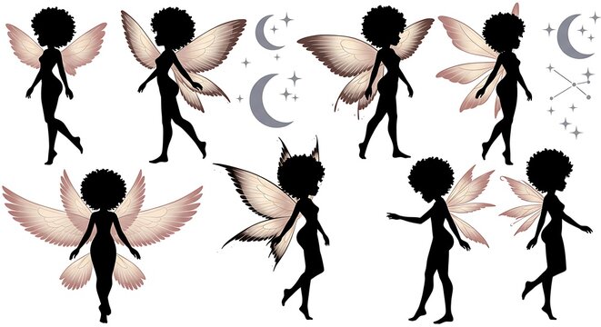Silhouette fairies with wings in various poses against a night sky