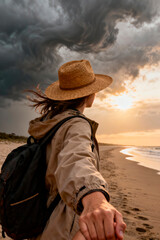 Caucasian young woman holding hand on stormy beach