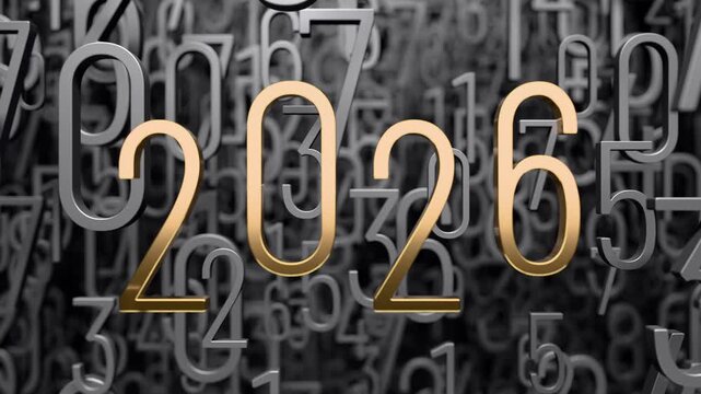Video postcard for the New Year 2026. The camera moves past the set of numbers to the golden number 2026. 3D animation.