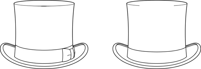 Top hat silhouette, vintage formal headwear, buckle and plain band styles, fashion accessory icon, cad drawing flat vector illustration