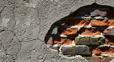 Grungy background texture of an old, weathered concrete wall with deep cracks and a large patch of crumbling plaster, exposing ancient, rustic bricks, highlighting decay and urban deterioration