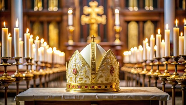 Papal Mitre atop ornate altar with rows of flickering white candles