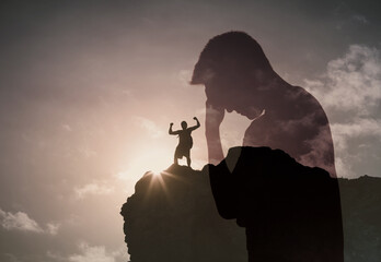 Man suffering from depression, sadness, mental health, difficulties, finding strength, courage over coming fear	