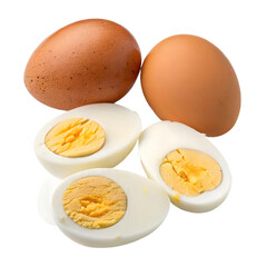 Hard-Boiled Eggs: Whole and Sliced on White Background