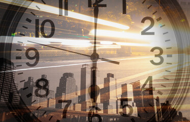 Clock over New York City skyline with light trails symbolizing time, speed, and urban economy 