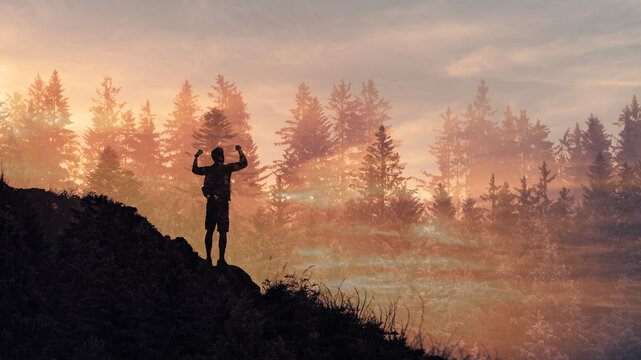 Man climbing up mountain, feeling strong and powerful. Double exposure, self improvement, success, and life goals concept.
