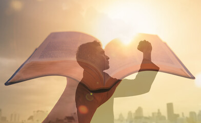 Strong man pray to God in the city with the Bible, religious strength 