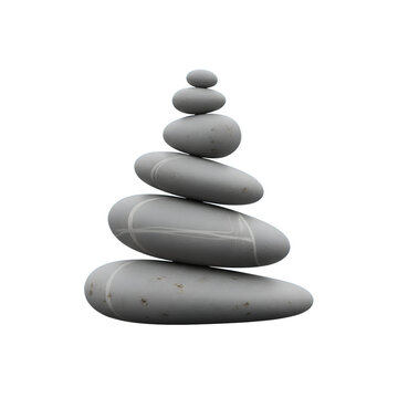 Stacked gray stones arranged in a balanced formation on white background  