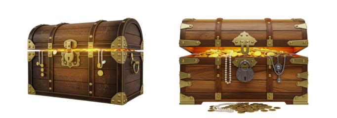 Treasure Chest Filled with Gold Coins and Jewelry
