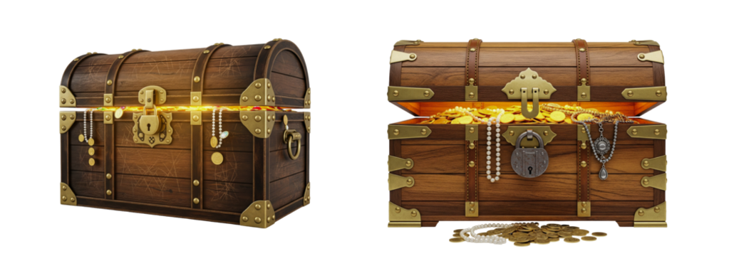 Treasure Chest Filled with Gold Coins and Jewelry