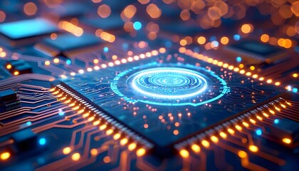 A futuristic central processing unit with glowing blue and orange light on a circuit board.