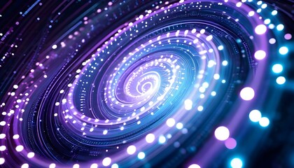 Futuristic abstract spiral of glowing purple and blue light particles creating a dynamic vortex.