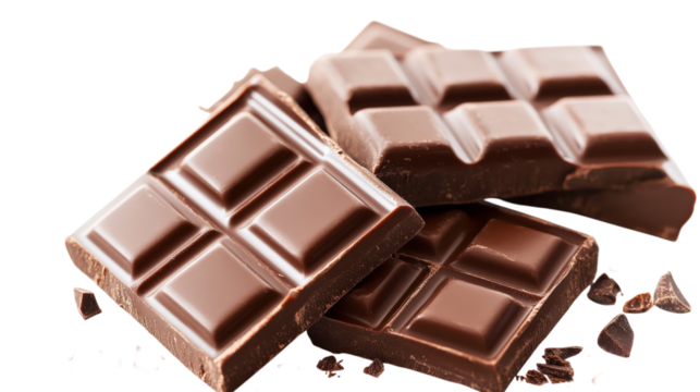 Chocolate bar pieces stacked isolated on a transparent background