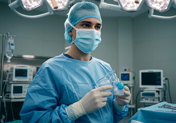 A surgeon in a surgical room holding medical equipment, preparing for a procedure.