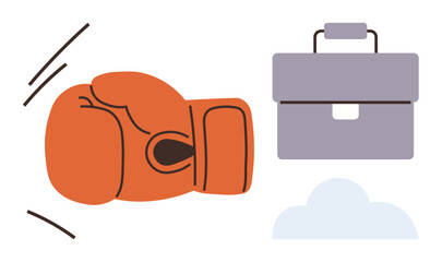 Red boxing glove and gray briefcase juxtaposed, symbolizing rivalry or balancing business challenges. Ideal for career, competition, risk, conflict, motivation, ambition, teamwork simple flat