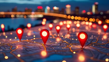 Close-up view of a map with numerous red location markers, city lights in the background.