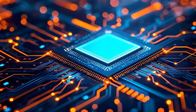 A glowing blue central processing unit on a circuit board with orange light trails.