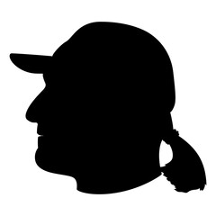 Head in profile of a man with ponytail wearing baseball cap. Male portrait. Black silhouette on white background.