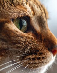Close-up of a feline's eye, showcasing vibrant green iris, detailed fur textures in various shades, and a gentle gaze