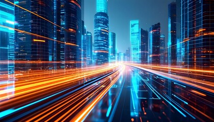 Futuristic cityscape at night with glowing blue skyscrapers and vibrant orange light trails from traffic.