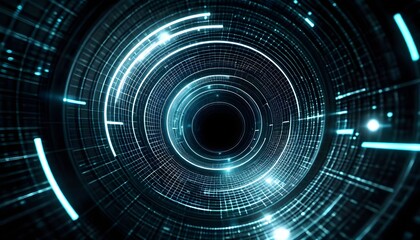 Abstract futuristic technology background with a glowing digital tunnel of light.