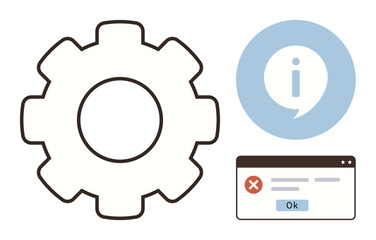 Gear symbol linked to process or settings, info dialog with i in circle, and error alert pop-up. Ideal for system settings, troubleshooting, error handling, notifications, guides, alerts web design