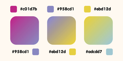 Gradient collection, shiny rainbow hologram. Holographic foil texture, blue, pink, brown gradation. Catalog of samples palettes in RGB HEX. Vector set for frame, border, other design.