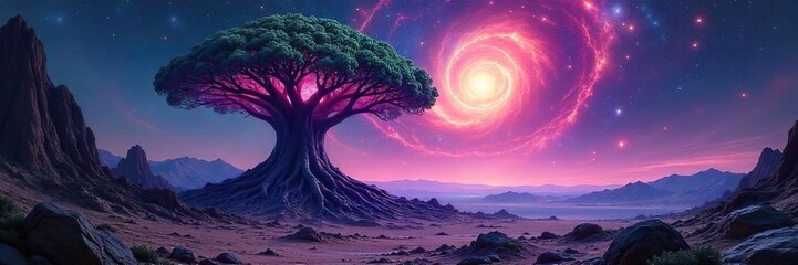 Bioluminescent Alien Plant Cosmic Energy Absorption in a Desolate Nebula Landscape