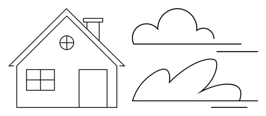 Simple house with chimney, circular and rectangular windows. Flowing clouds with wind lines evoke movement. Ideal for home, environment, real estate, weather, sustainability nature stability. A