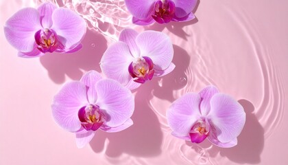 Naklejka premium Stunning pink orchids floating gracefully on tranquil water creating a serene spa-like atmosphere perfect for wellness and beauty promotions