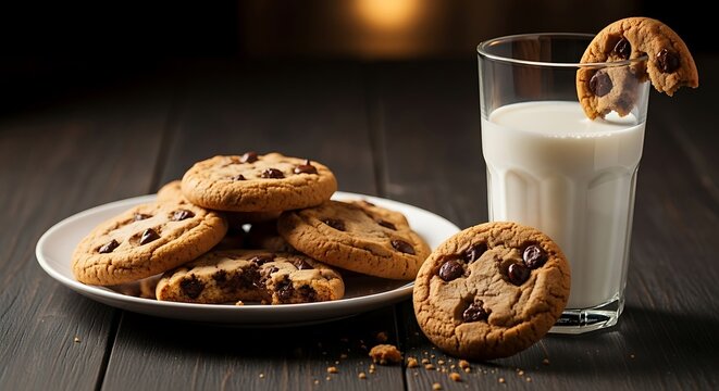 Delicious chocolate chip cookies with a glass of fresh milk on wooden table