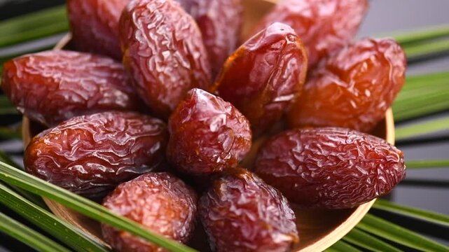 Dates fruit. Date fruits with palm tree leaf, in a wooden bowl, on black background. Medjool dates close up. Slow motion.