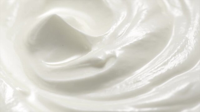 Sour cream or greek yogurt swirl, rotating texture, White cream background, close up. Dairy product. Delicious organic creamy yogurt. Milk cream. Top view, Macro shot.