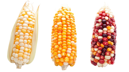 Three corn cobs white yellow orange red isolated on a transparent background