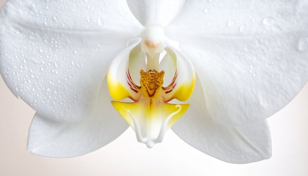 Fototapeta Delicate white orchid bloom glistening with tiny water droplets, showcasing intricate yellow and red center details, perfect for spa, beauty, or botanical themes
