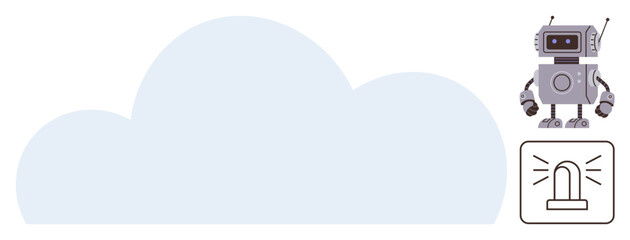 Robot standing beside a cloud and a flashing alarm signal, representing AI, automation, security, technology, cloud computing, innovation, and system alerts in a simple flat metaphor