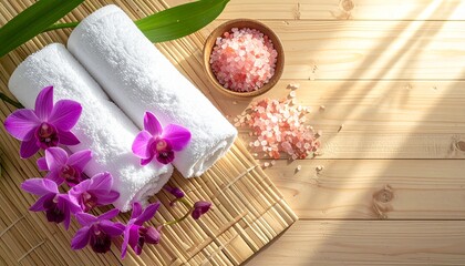Luxurious spa setup with fluffy white towels vibrant purple orchids and soothing pink Himalayan salt crystals bathed in warm sunlight