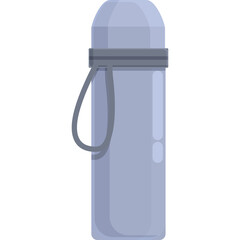 Illustration Of A Silver Insulated Thermos Bottle With A Grey Strap And A Grey Band Around The Neck Isolated On A White Background