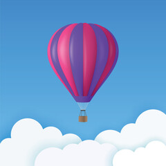 Obraz premium Vector Travel Banner with 3d Realistic Purple and PInk Hot Air Balloon Icon on a Blue Sky Background. Design Template, Summer Vacation, Travelling, Tourism and Journey Concept