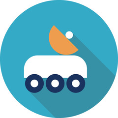 Illustration of a white rover with blue wheels and an orange satellite dish on a teal circle background with a long shadow