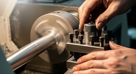 Precision machining process: Skilled worker using a lathe to shape metal components with expertise