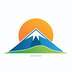 Geometric Mountain Landscape with Sun and Greenery: A Vibrant Vector Illustration